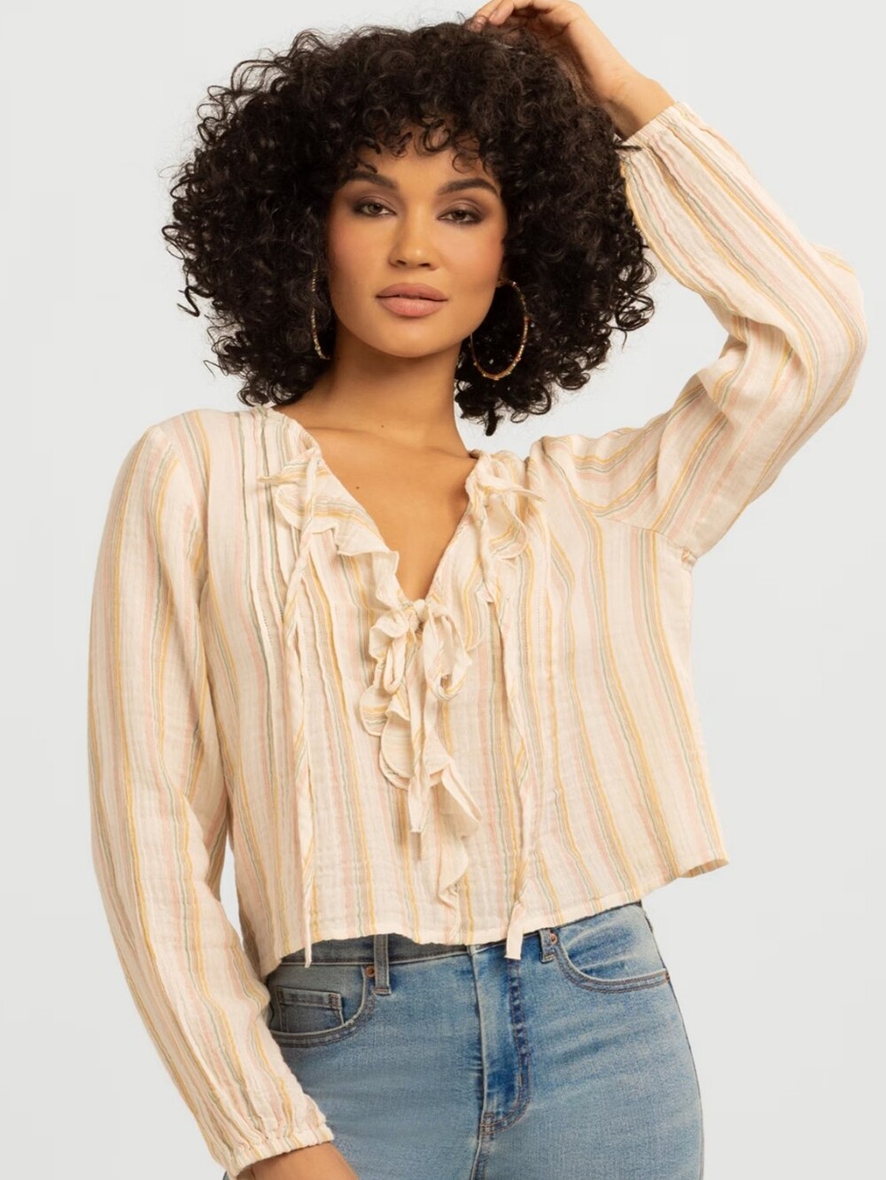 NWT Jessica Simpson Hilaria Pastel Striped Cotton Gauze Ruffle Top Boho LARGE